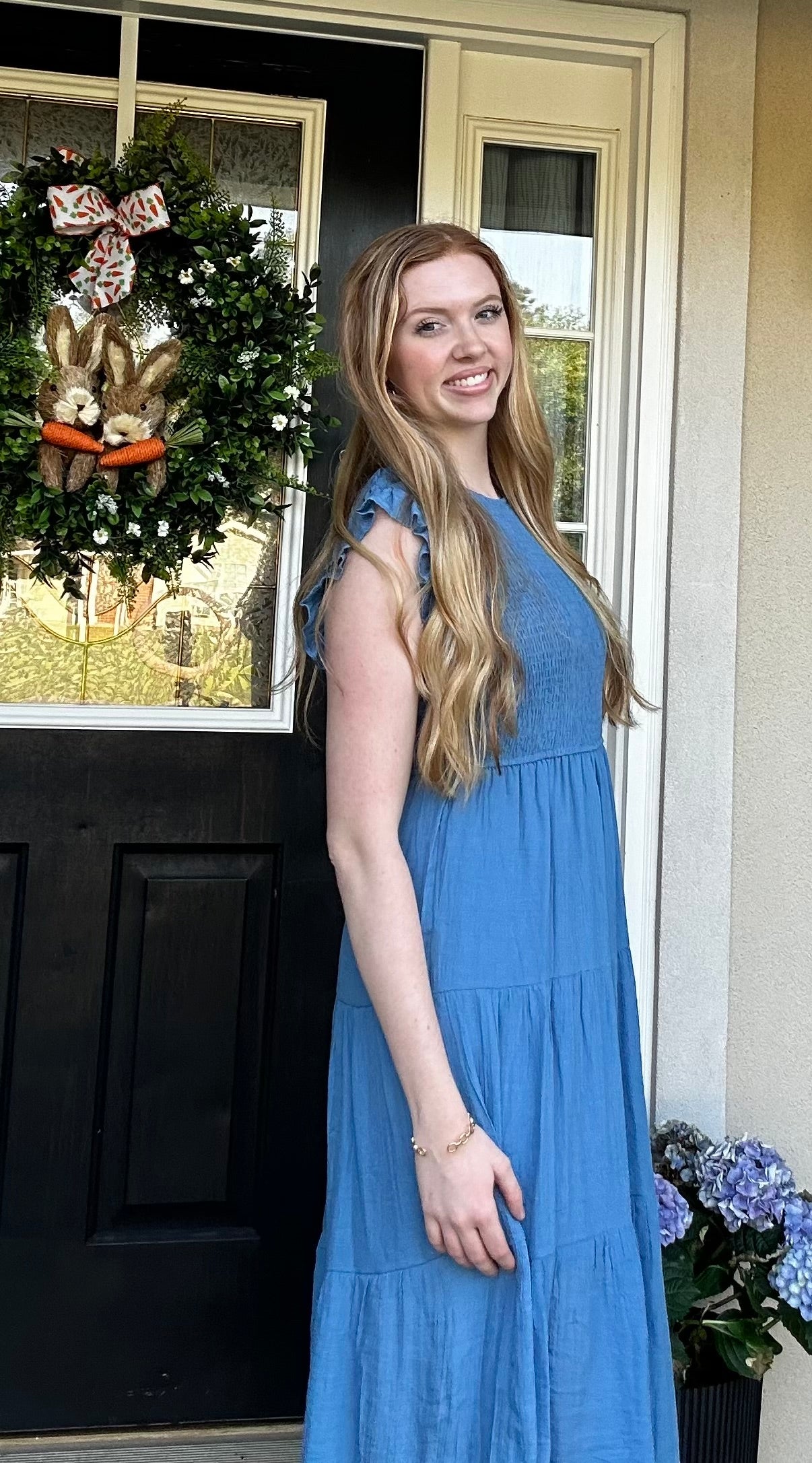 Woven Smocked Ruffle Sleeve Midi Dress Dusty Blue