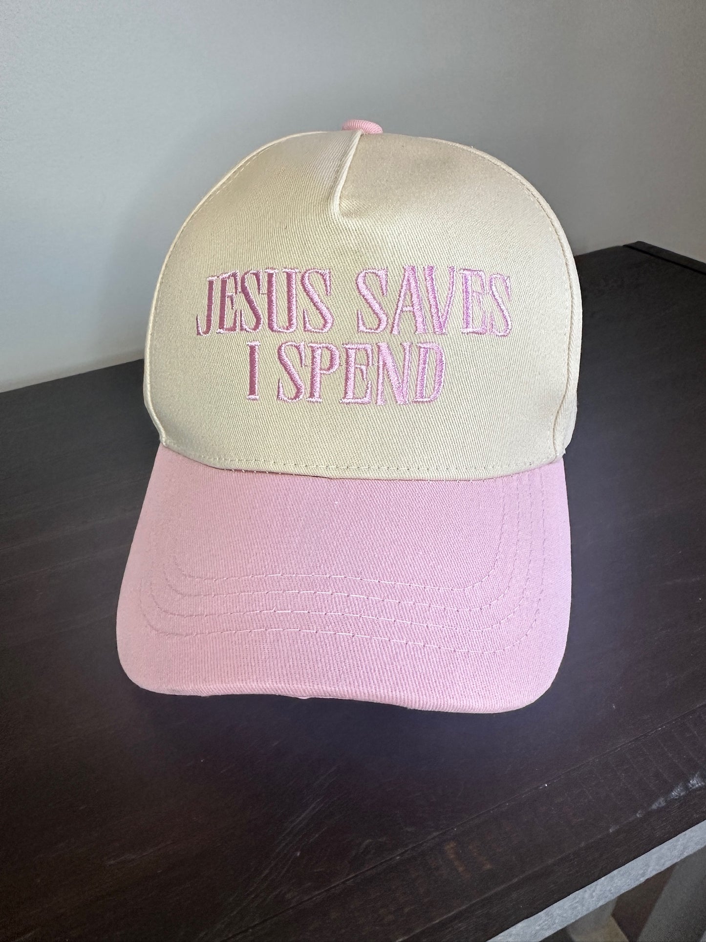 JESUS SAVES I SPEND Baseball Cap – Pink