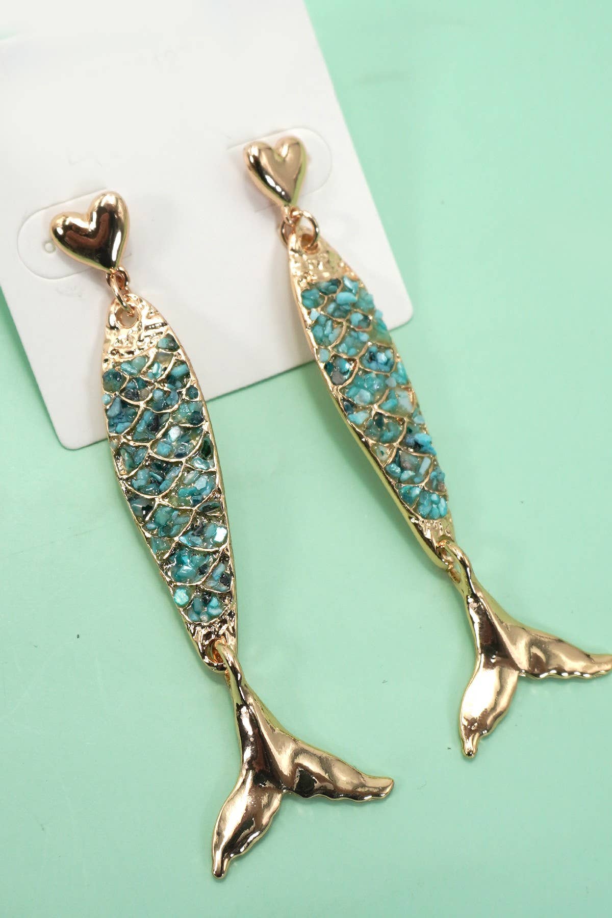 ENAMEL MERMAID FISH HEART DROP EARRINGS