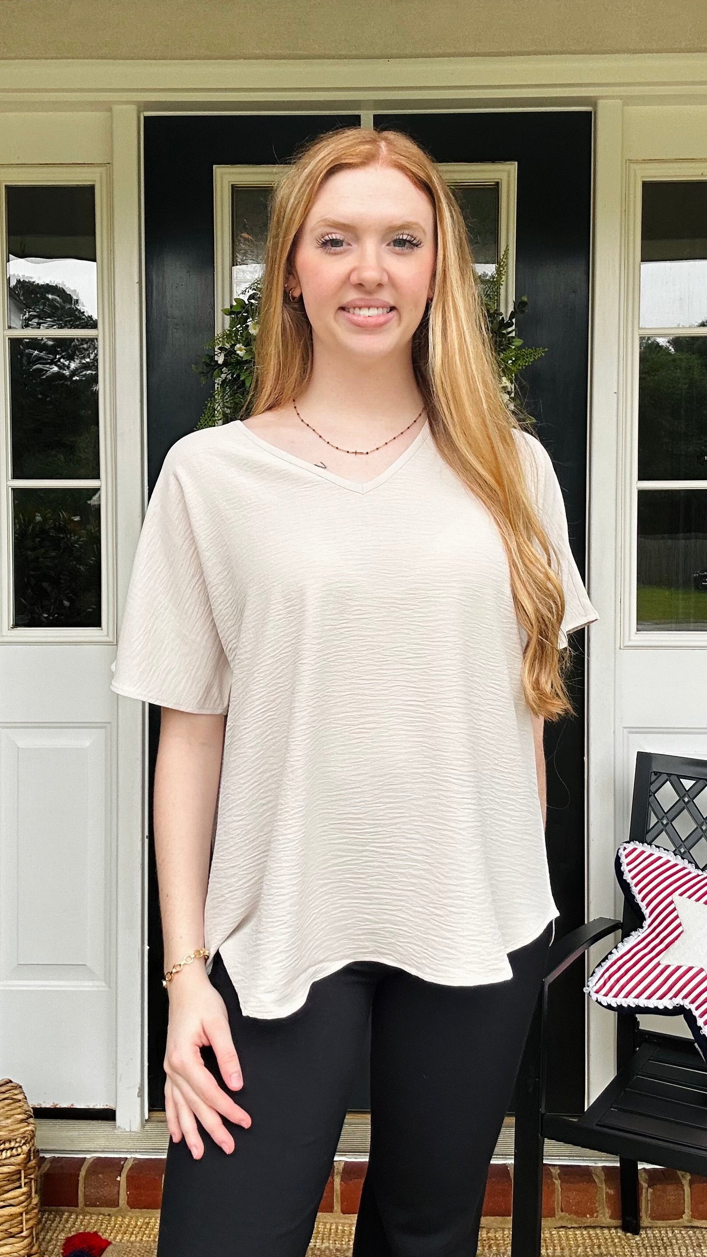 WOVEN AIRFLOW V-NECK SHORT SLEEVE TOP - SAND BEIGE