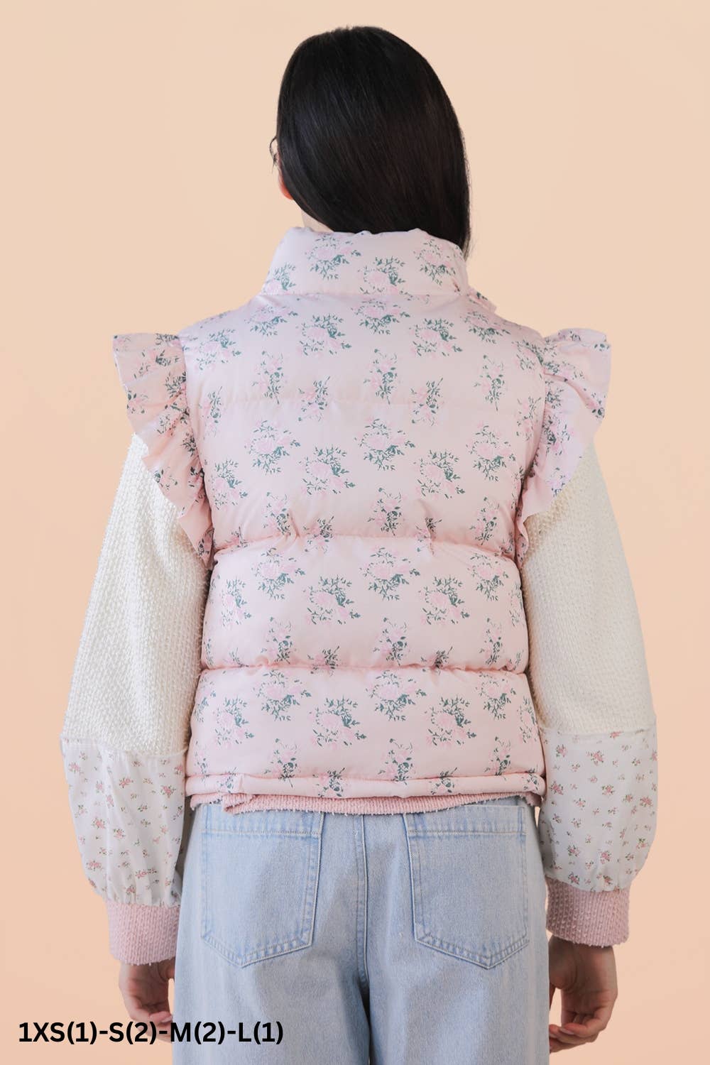 Front Bow Ruffle Sleeve Floral Puffer Vest β Pink Floral