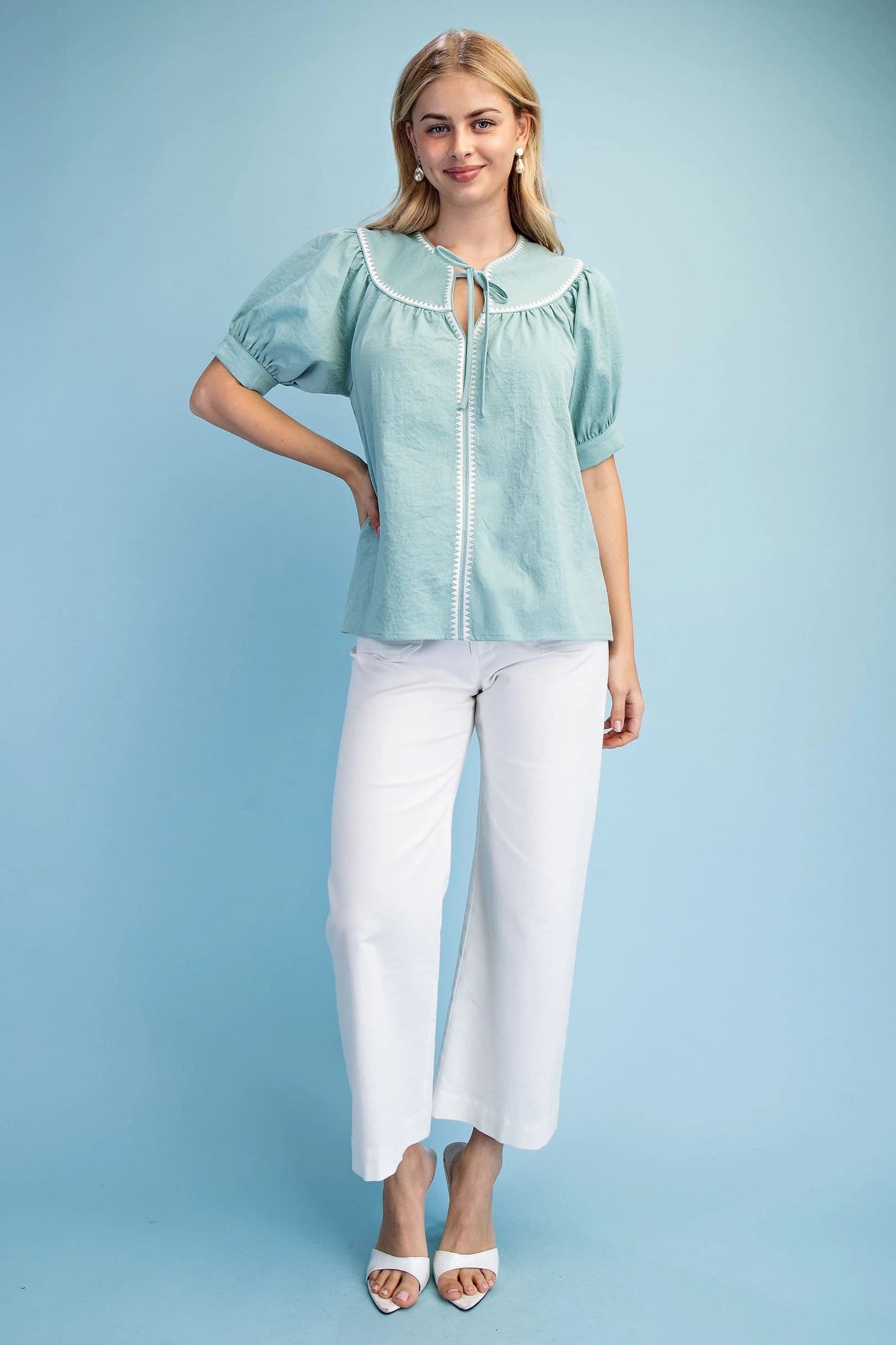 Tie Neck Short Sleeve Top with Embroidered Triangle Details | Mint