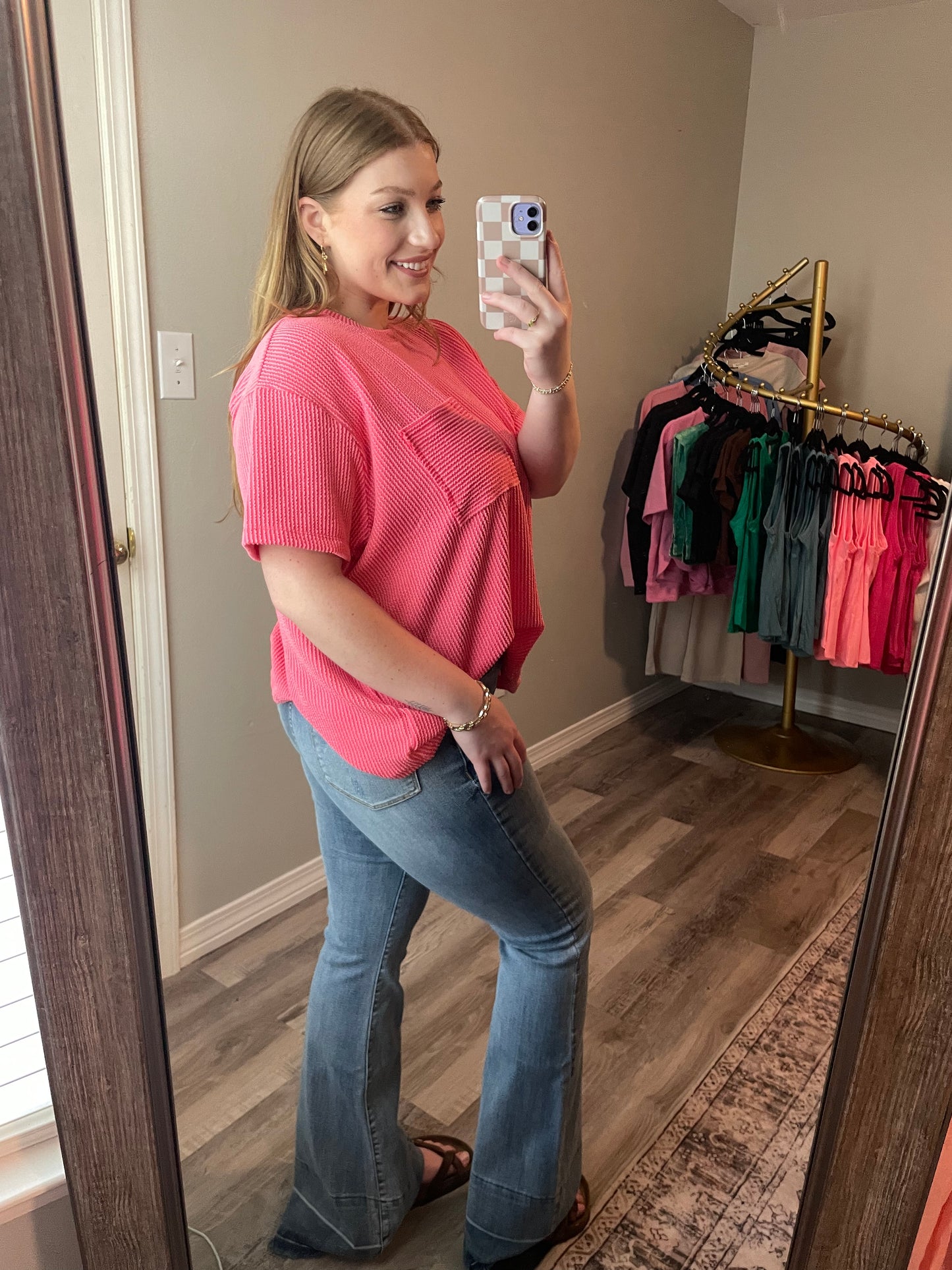 Raised Rib Short Sleeve Front Pocket Top Salmon