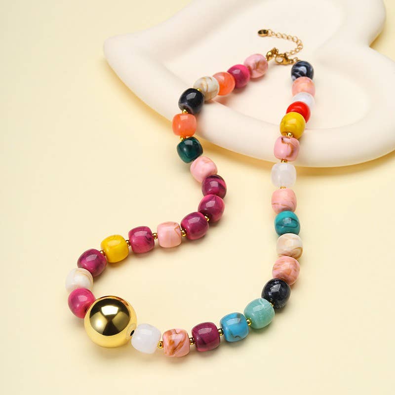Barrel Beaded & Gold Ball Centerpiece Necklace MULTI