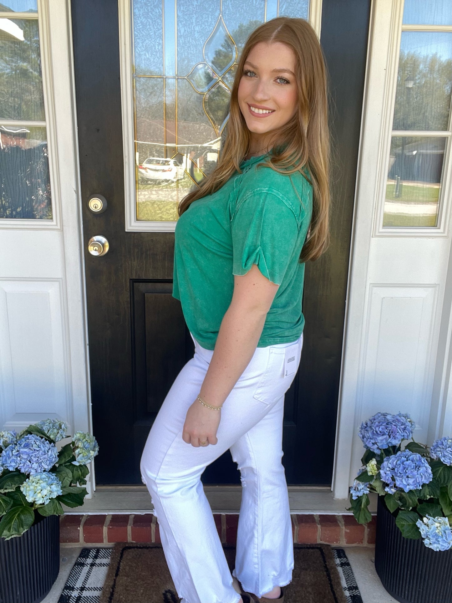 Washed Ribbed Short Sleeve Boat Neck Top Green