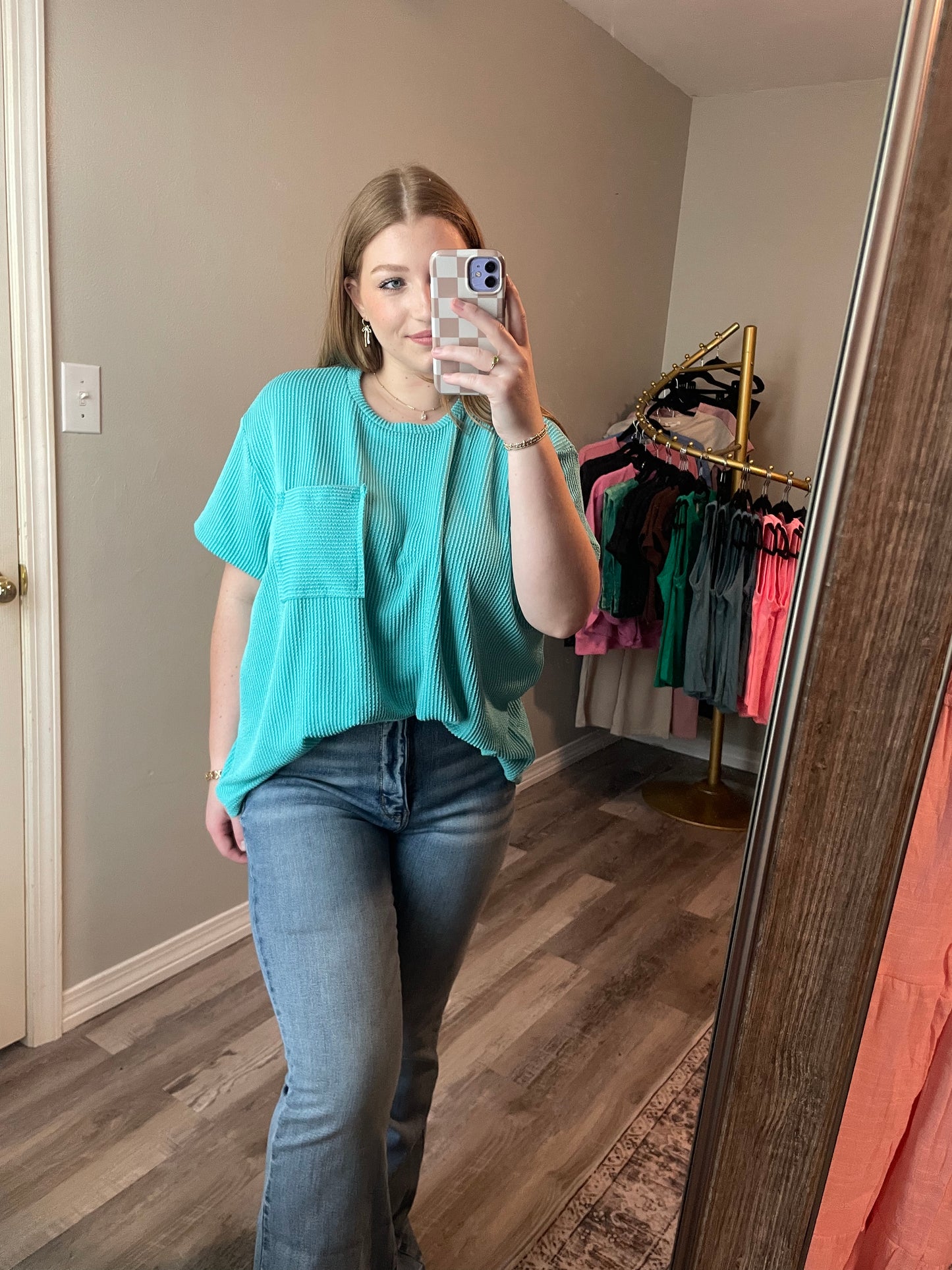 Raised Rib Short Sleeve Front Pocket Top Turquoise