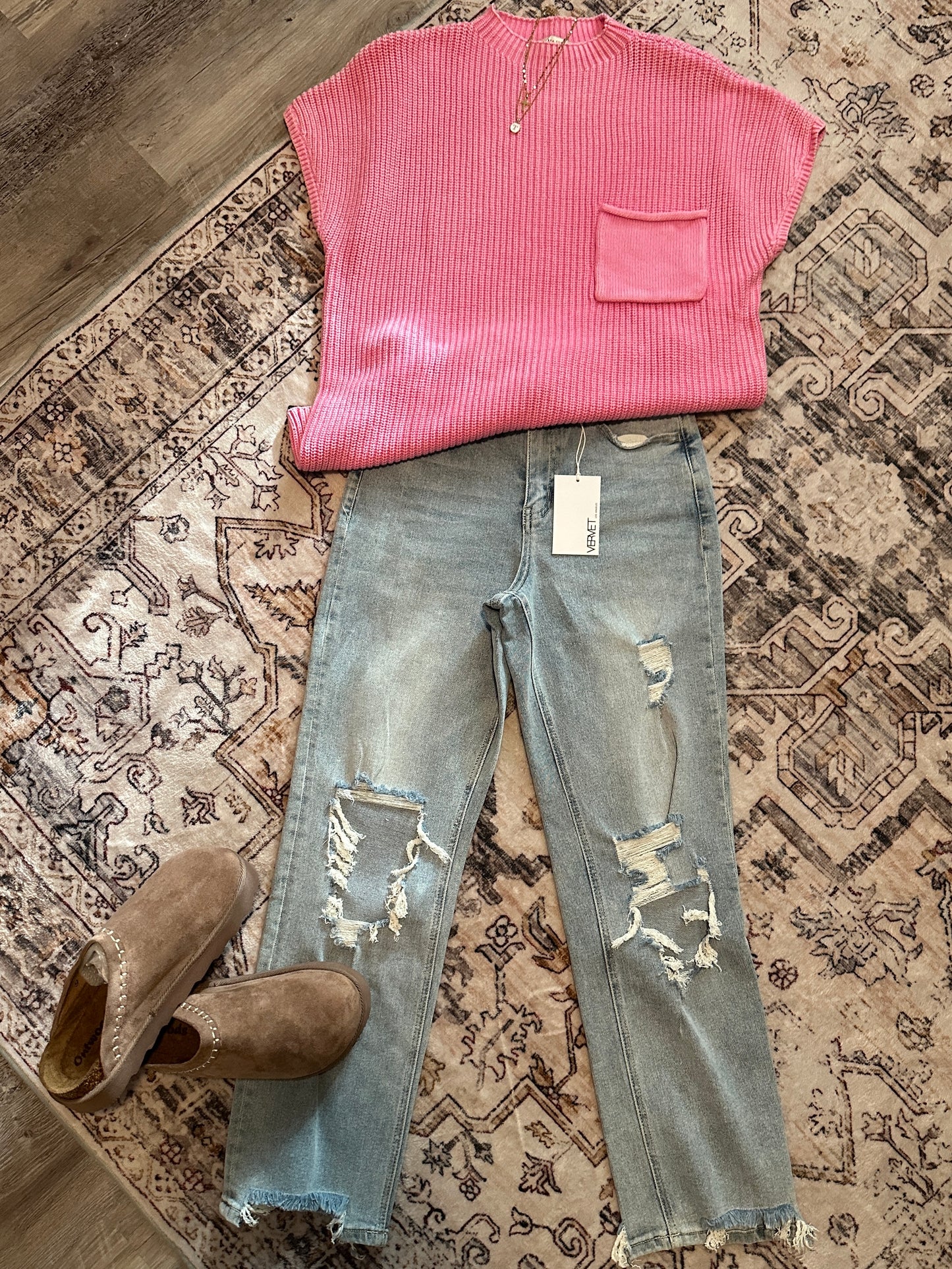 Washed Mock Neck Short Sleeve Sweater Candy Pink