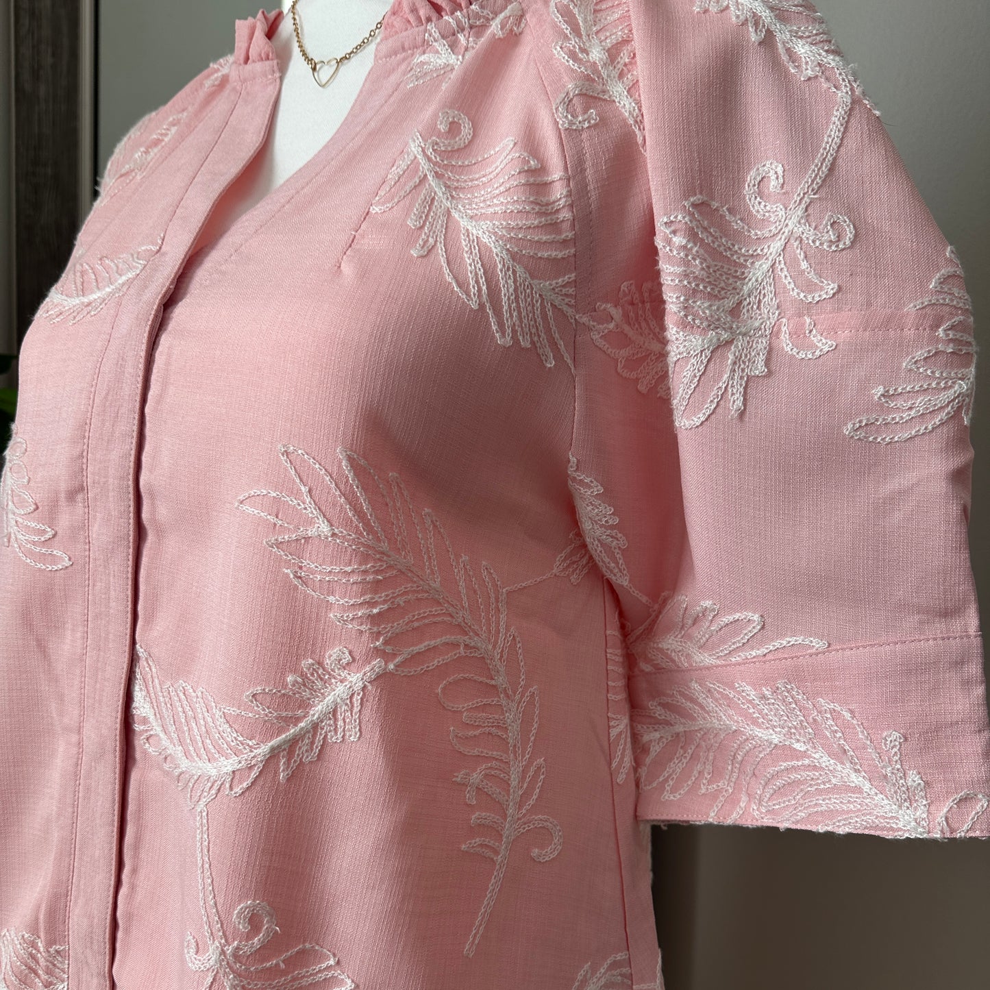Embroidered V-Neck Button Down Dress with Short Puff Sleeves | LT Pink