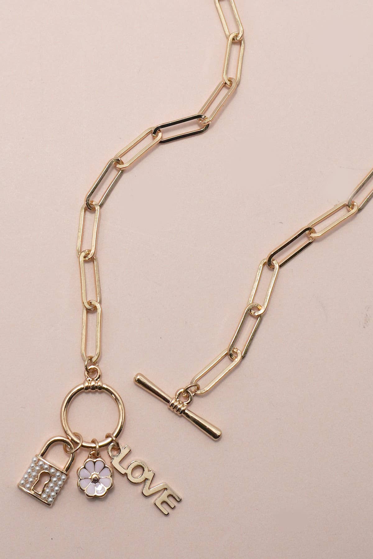 CLUSTER CHARM LOCK FLOWER LOVE TOGGLE NECKLACE: Gold
