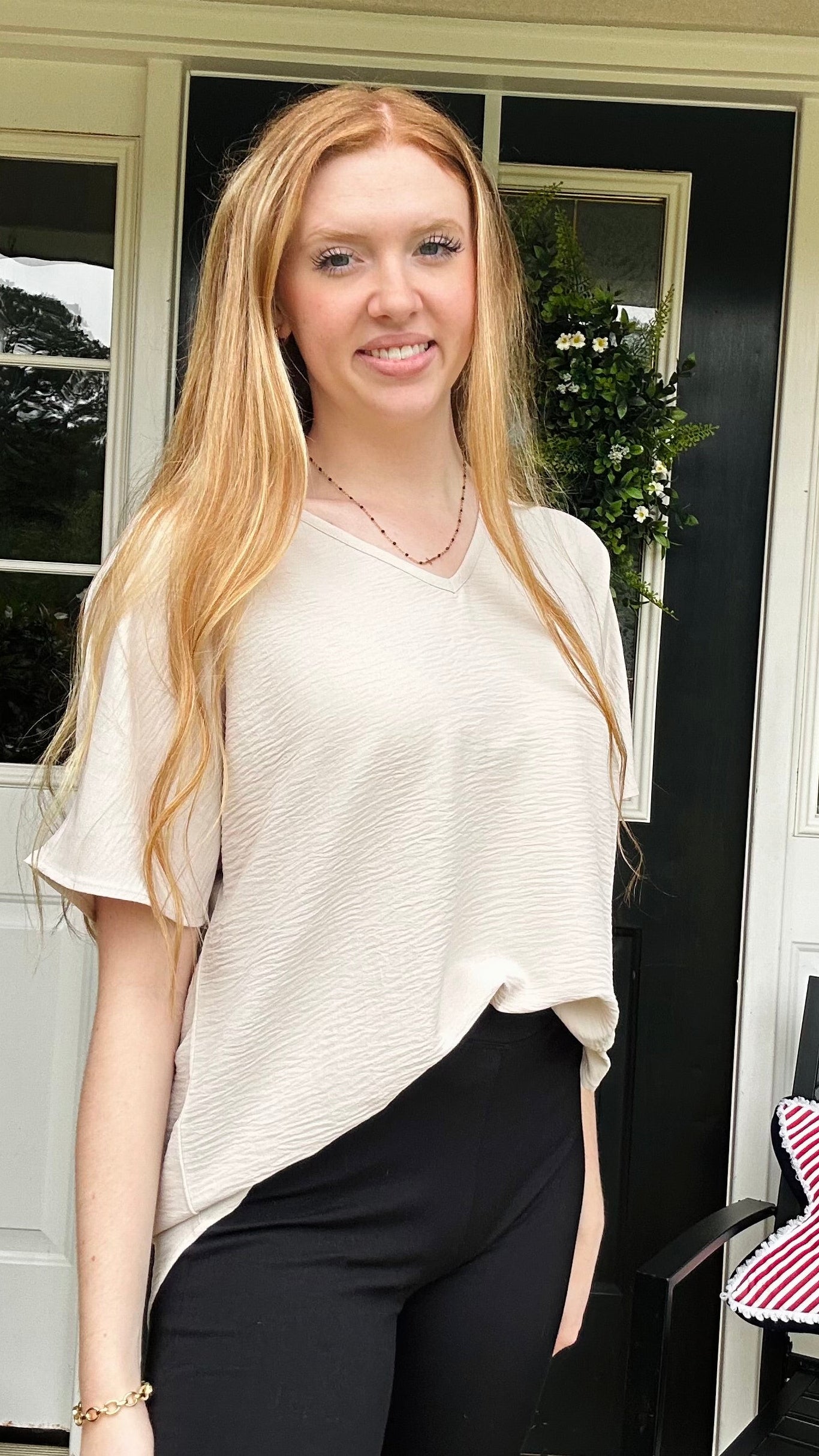 WOVEN AIRFLOW V-NECK SHORT SLEEVE TOP - SAND BEIGE