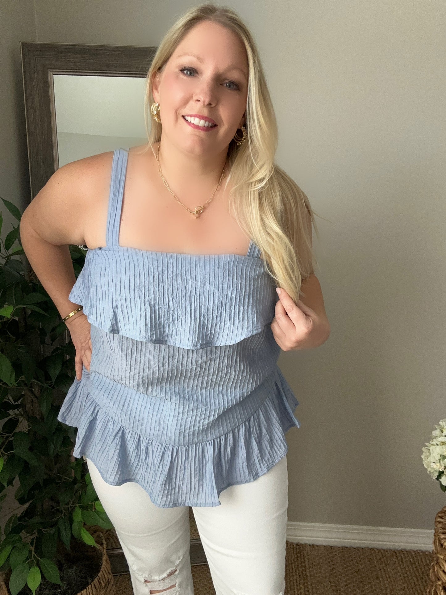 Ruffle Detail Tank Top with Adjustable Strap | Denim Blue