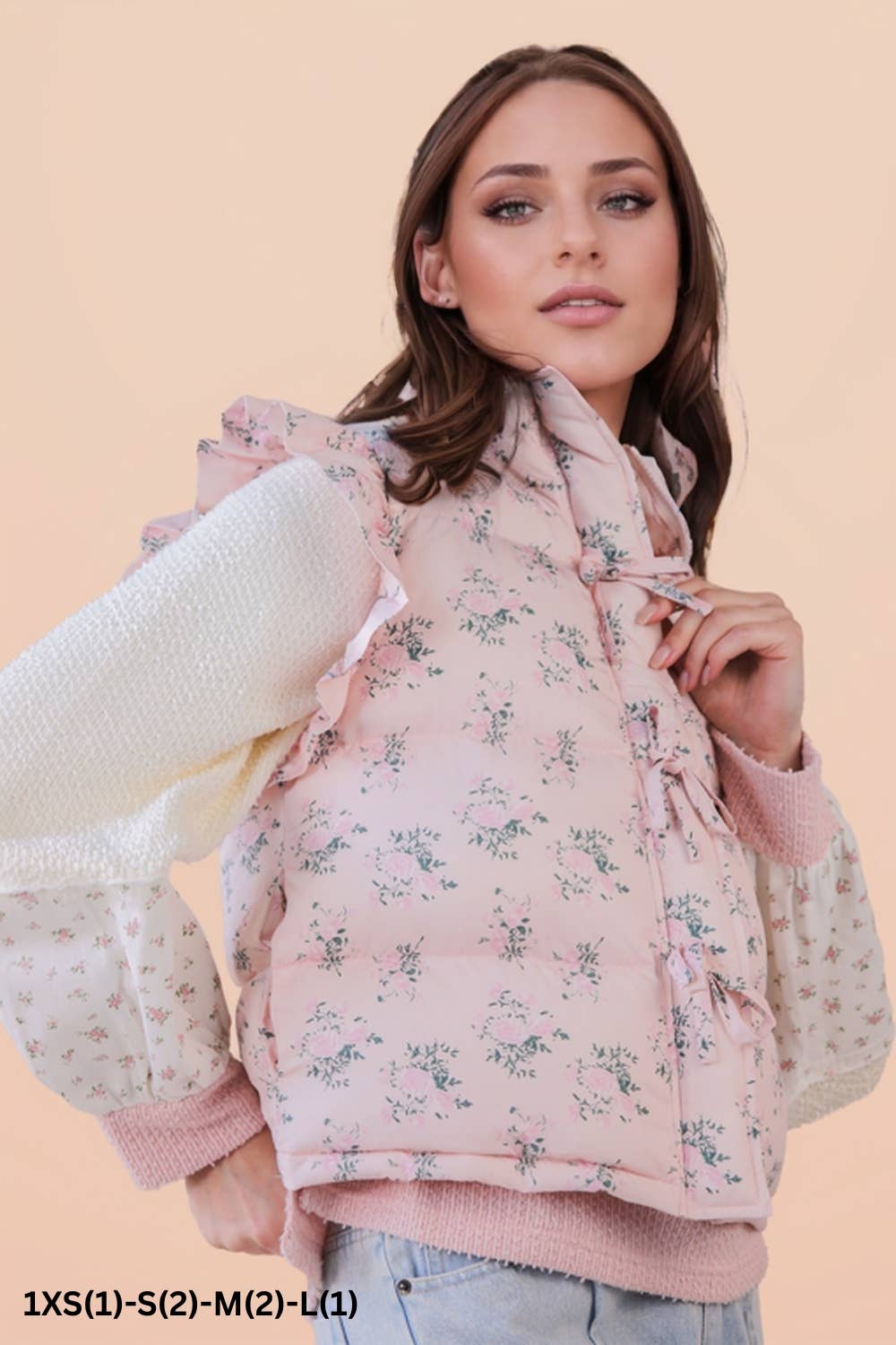 Front Bow Ruffle Sleeve Floral Puffer Vest – Pink Floral