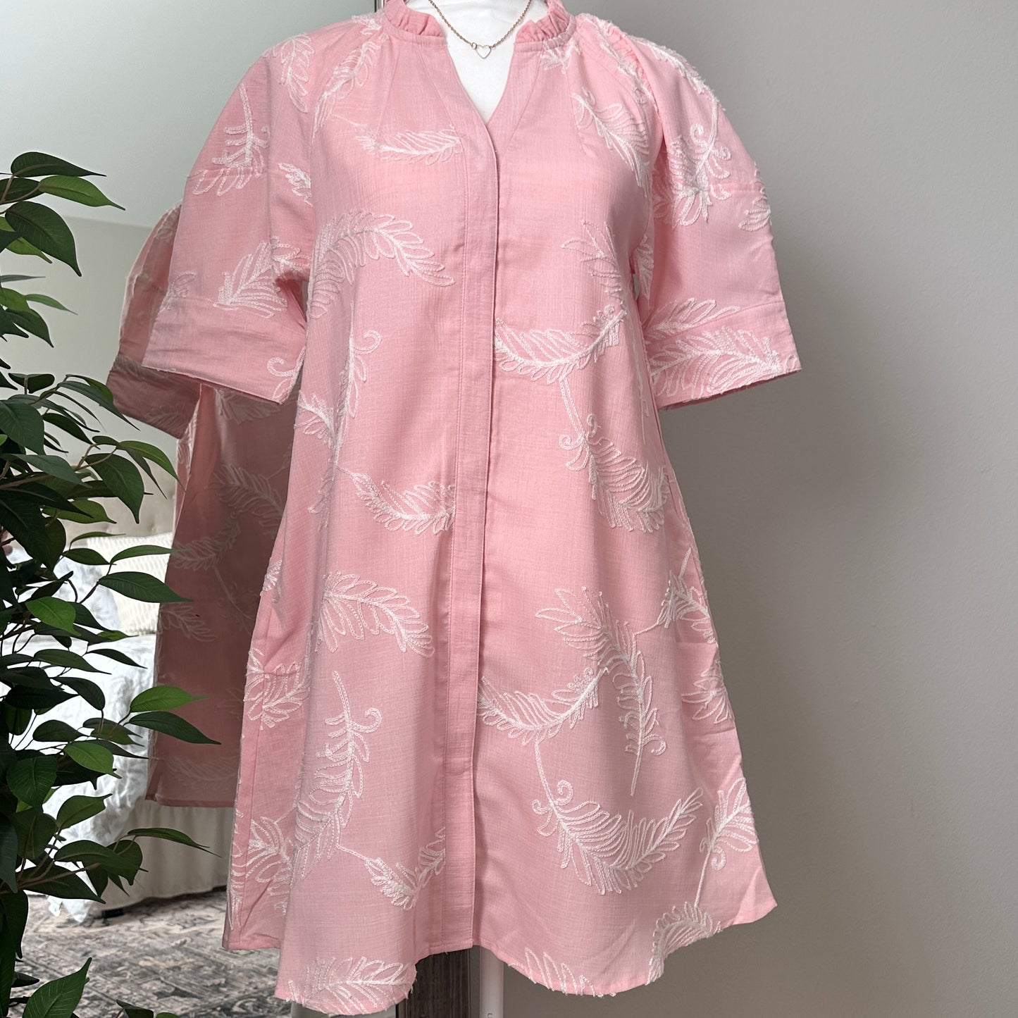 Embroidered V-Neck Button Down Dress with Short Puff Sleeves | LT Pink