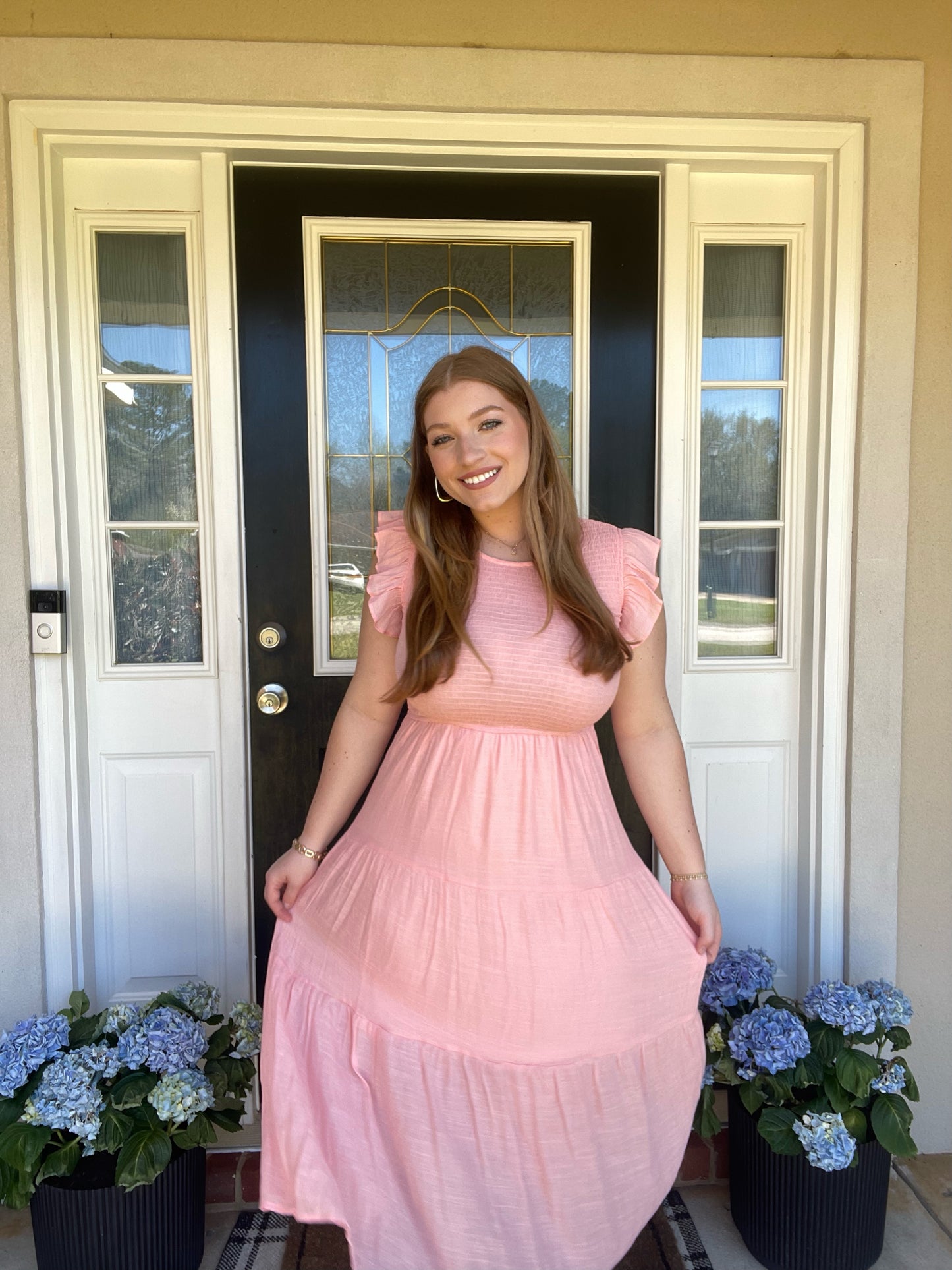 Woven Smocked Ruffle Sleeve Midi Dress Pink