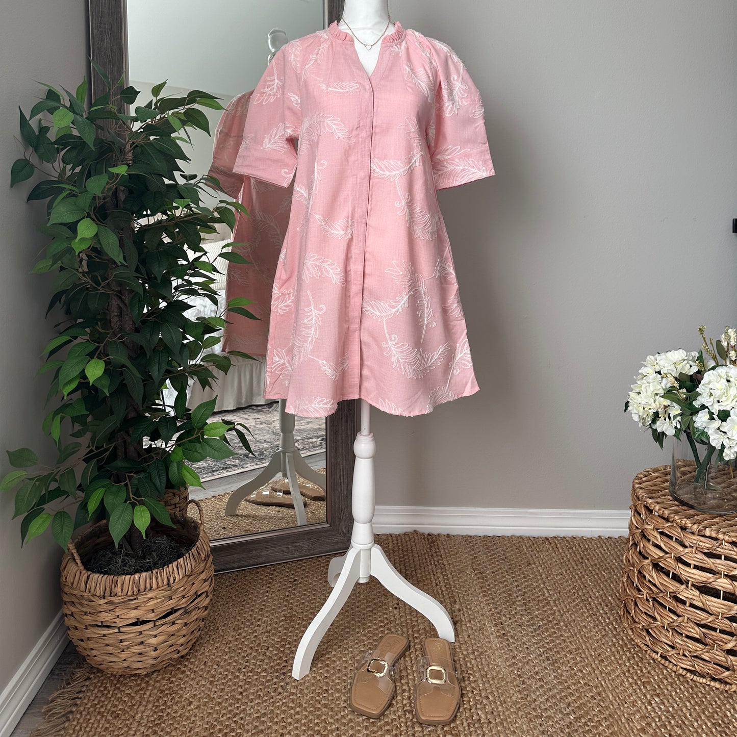 Embroidered V-Neck Button Down Dress with Short Puff Sleeves | LT Pink