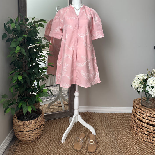 Embroidered V-Neck Button Down Dress with Short Puff Sleeves | LT Pink