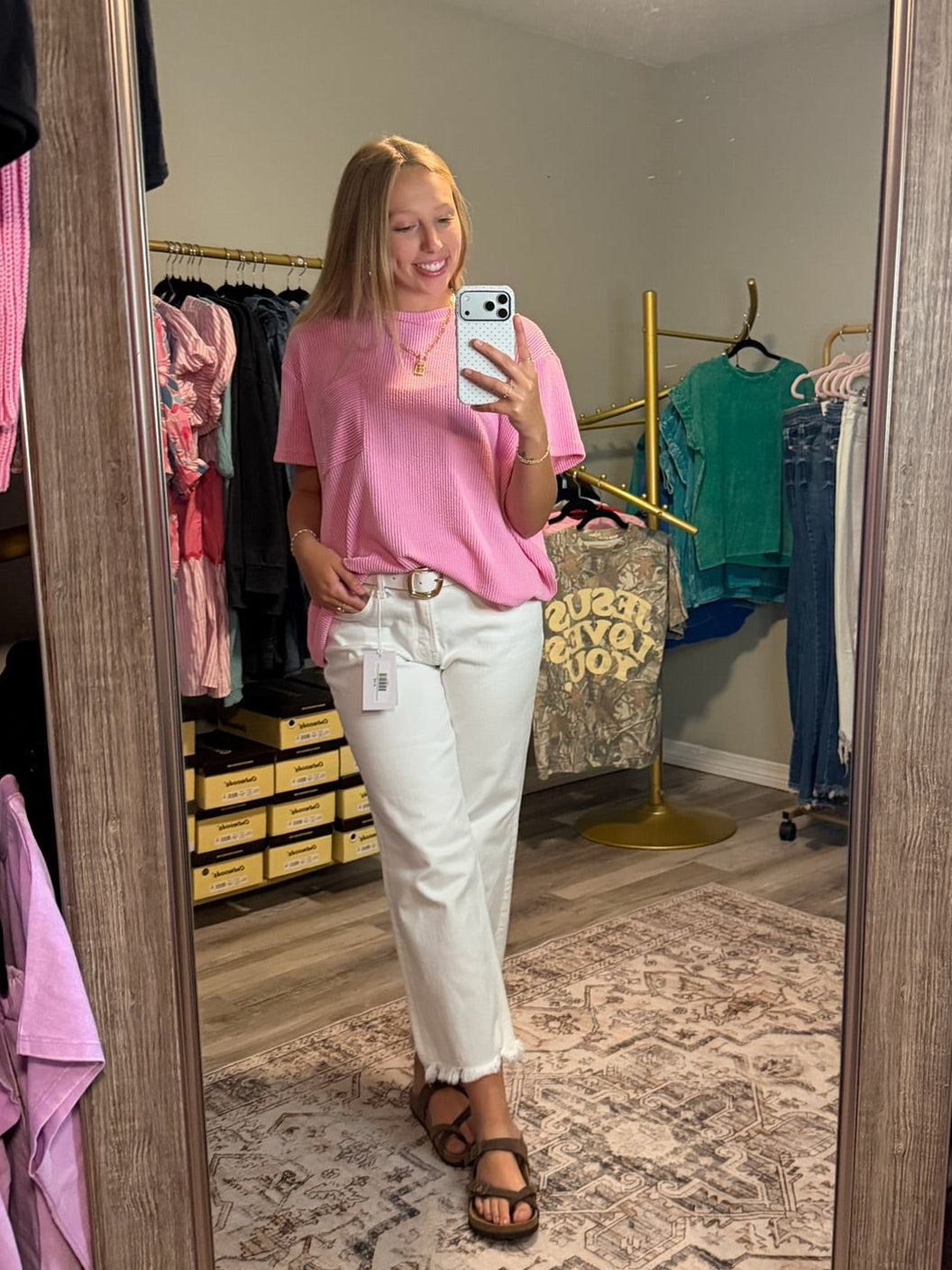 Raised Rib Short Sleeve Front Pocket Top Candy Pink