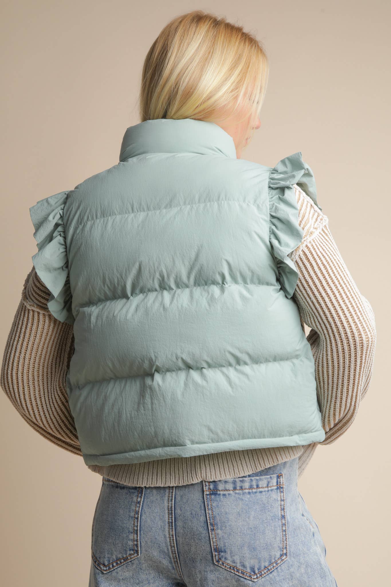 Front Bow Ruffle Sleeve Puffer Vest – Sage