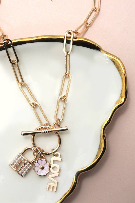 CLUSTER CHARM LOCK FLOWER LOVE TOGGLE NECKLACE: Gold
