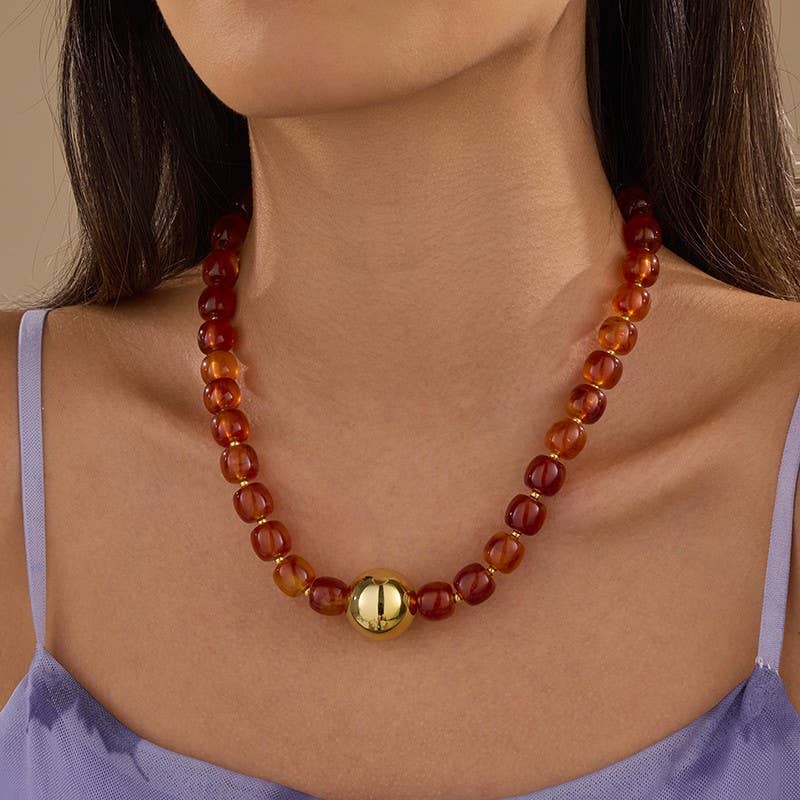 Barrel Beaded & Gold Ball Centerpiece Necklace | BROWN
