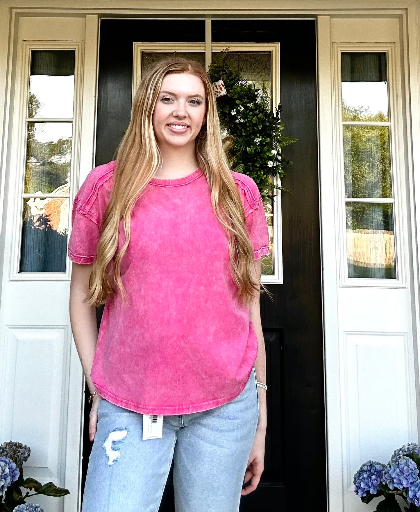Acid Washed Round Neck T-Shirt Pink