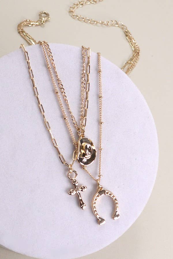 TRIO LAYER HORSESHOE HAT CROSS CAHRM NECKLACE | : Gold