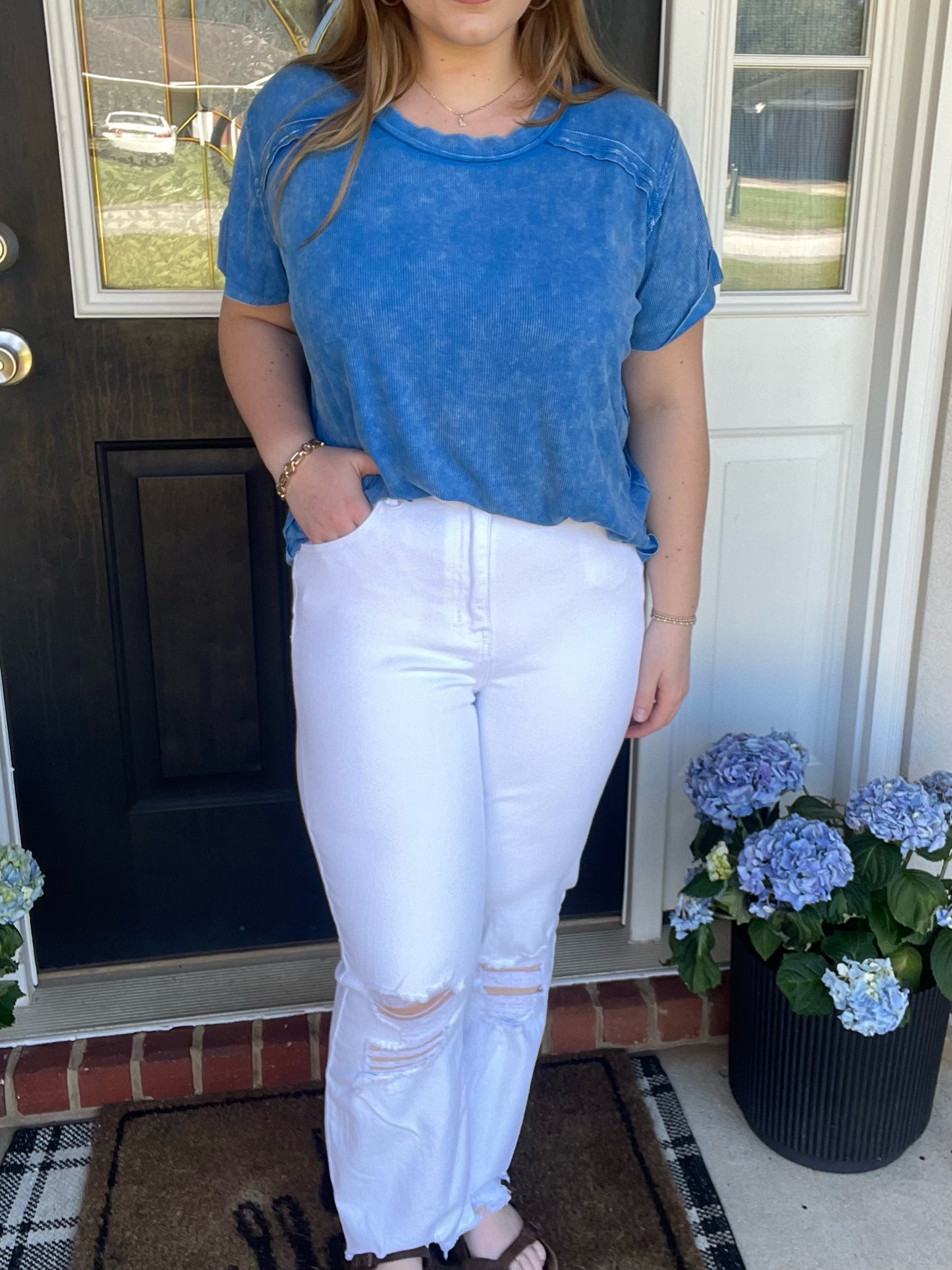 Washed Ribbed Short Sleeve Boat Neck Top Ocean Blue