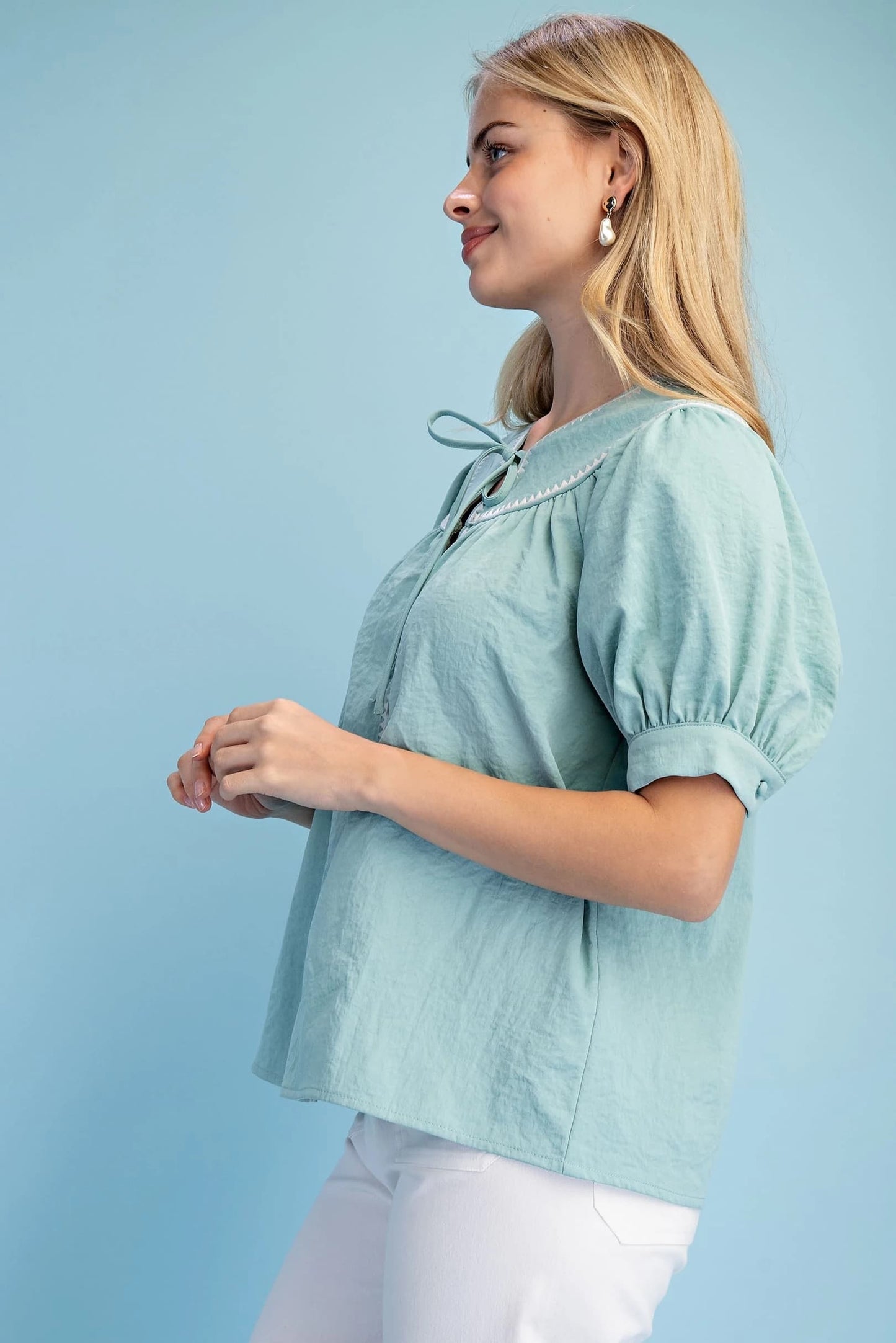 Tie Neck Short Sleeve Top with Embroidered Triangle Details | Mint