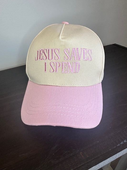 JESUS SAVES I SPEND Baseball Cap – Pink