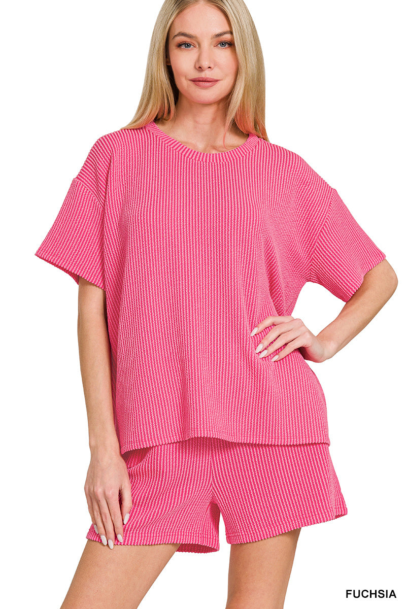 RAISED RIB SHORT SLEEVE TEE & SHORT PANTS SET 	FUCHSIA