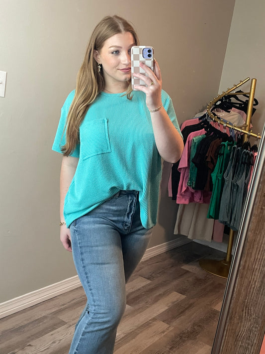 Raised Rib Short Sleeve Front Pocket Top Turquoise