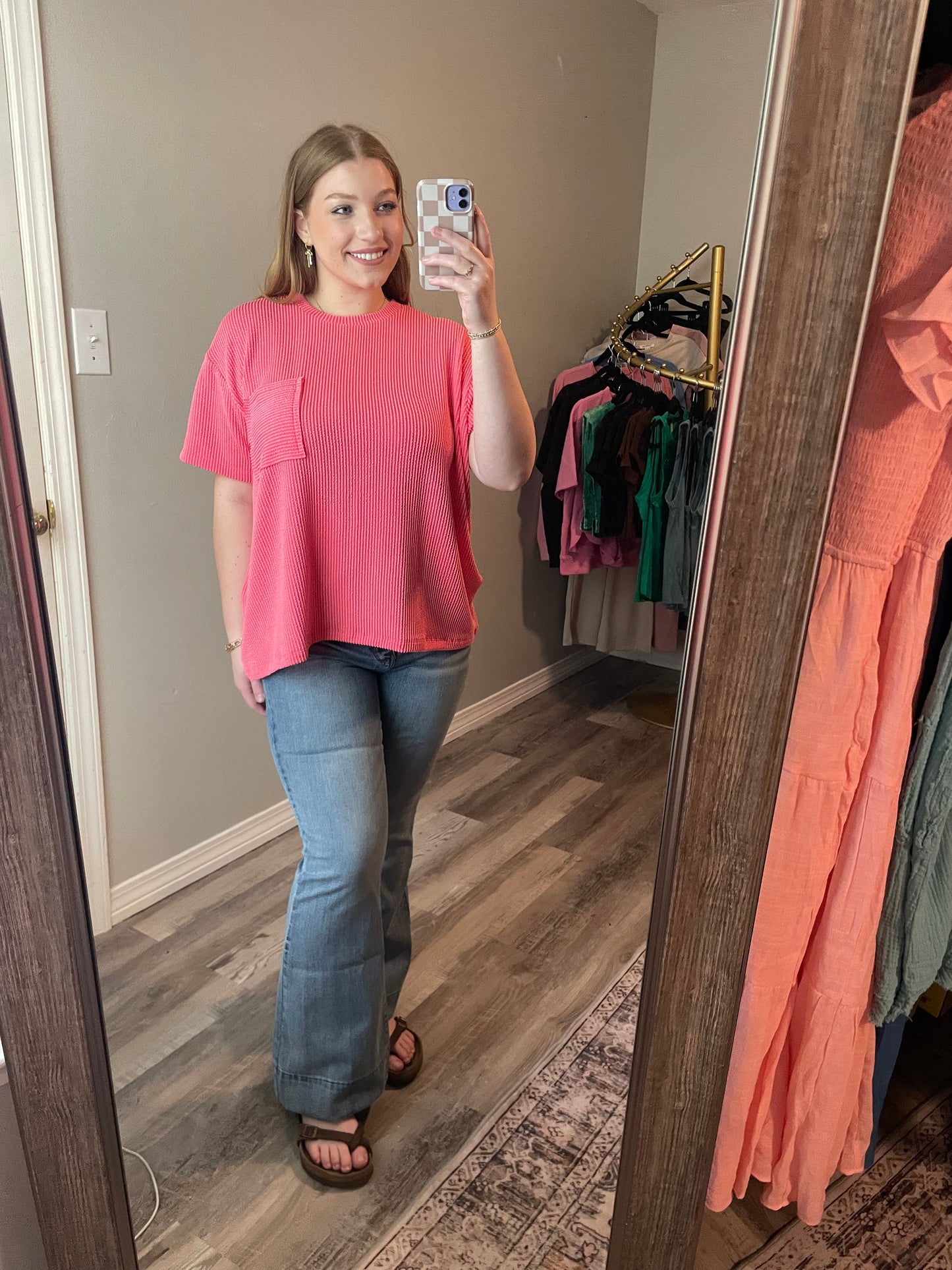 Raised Rib Short Sleeve Front Pocket Top Salmon