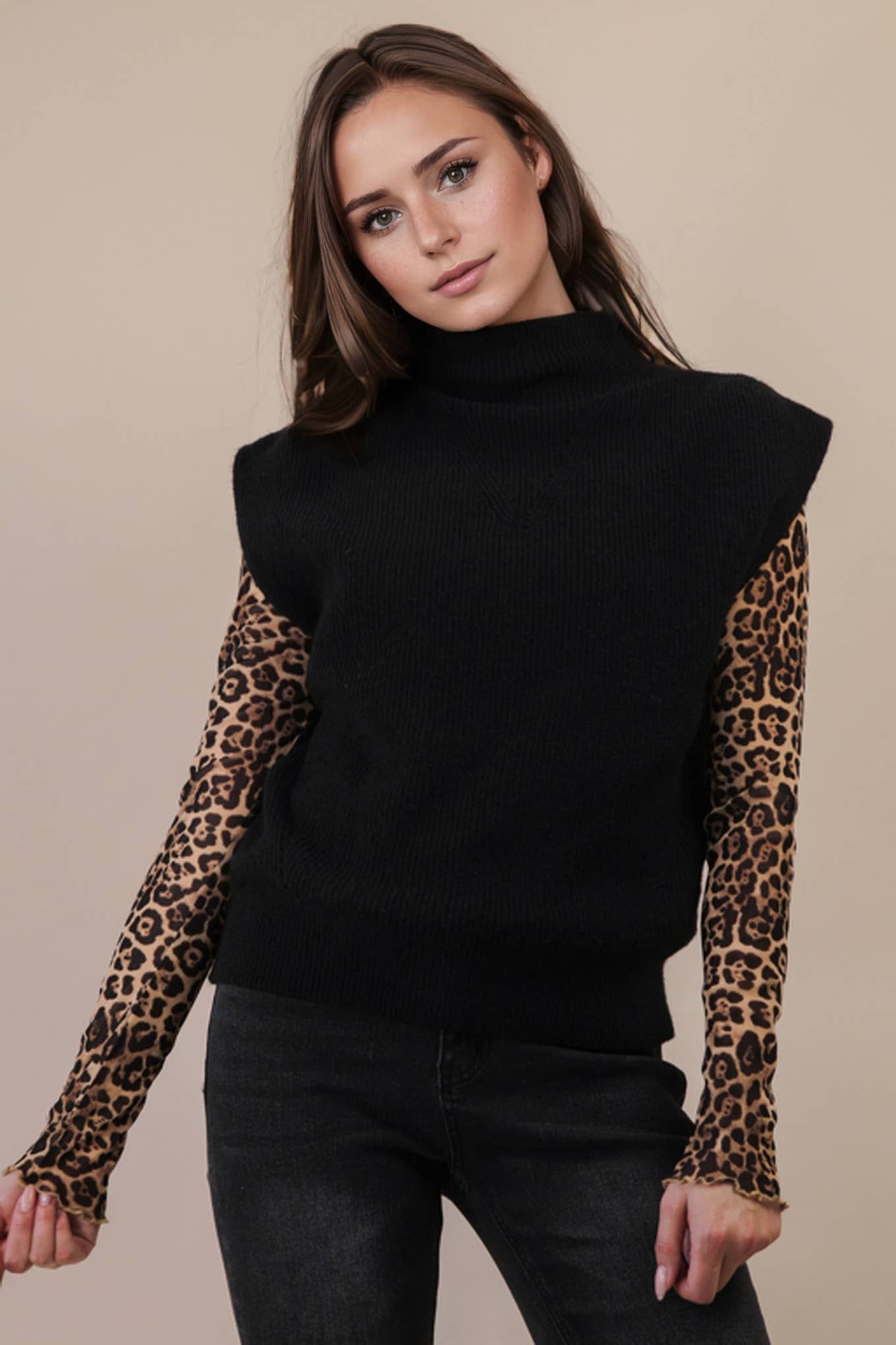 Ribbed Knit Sweater Vest – Mock Neck – Black