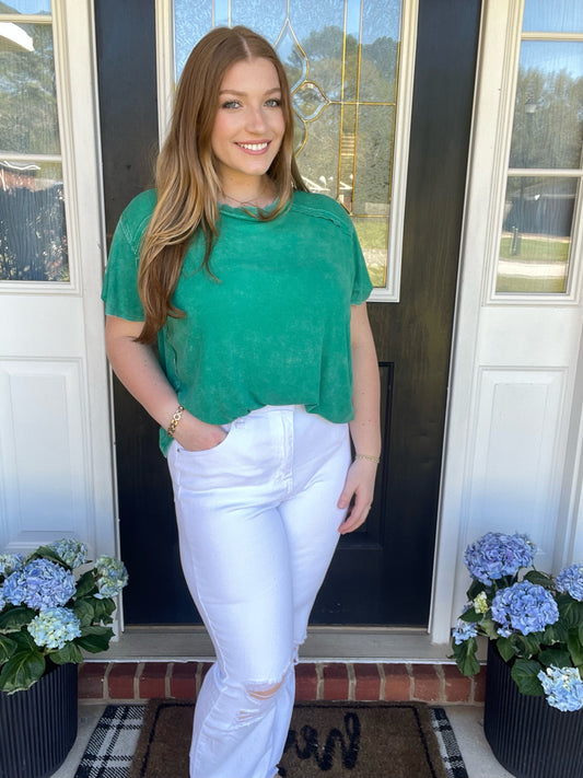 Washed Ribbed Short Sleeve Boat Neck Top Green