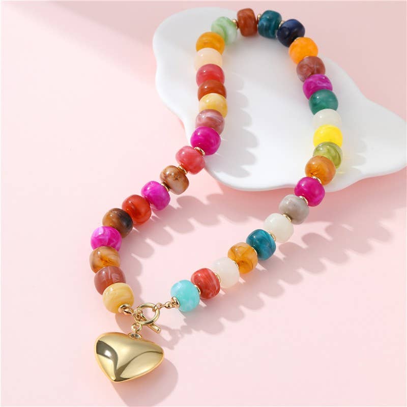 MULTI BEADED HEART CHARM TOGGLE NECKLACE Multi