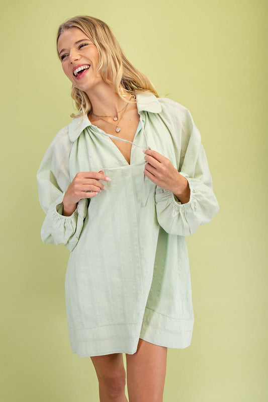 Artisan Textured Balloon Sleeve Mini Dress with Front Tie | Sage