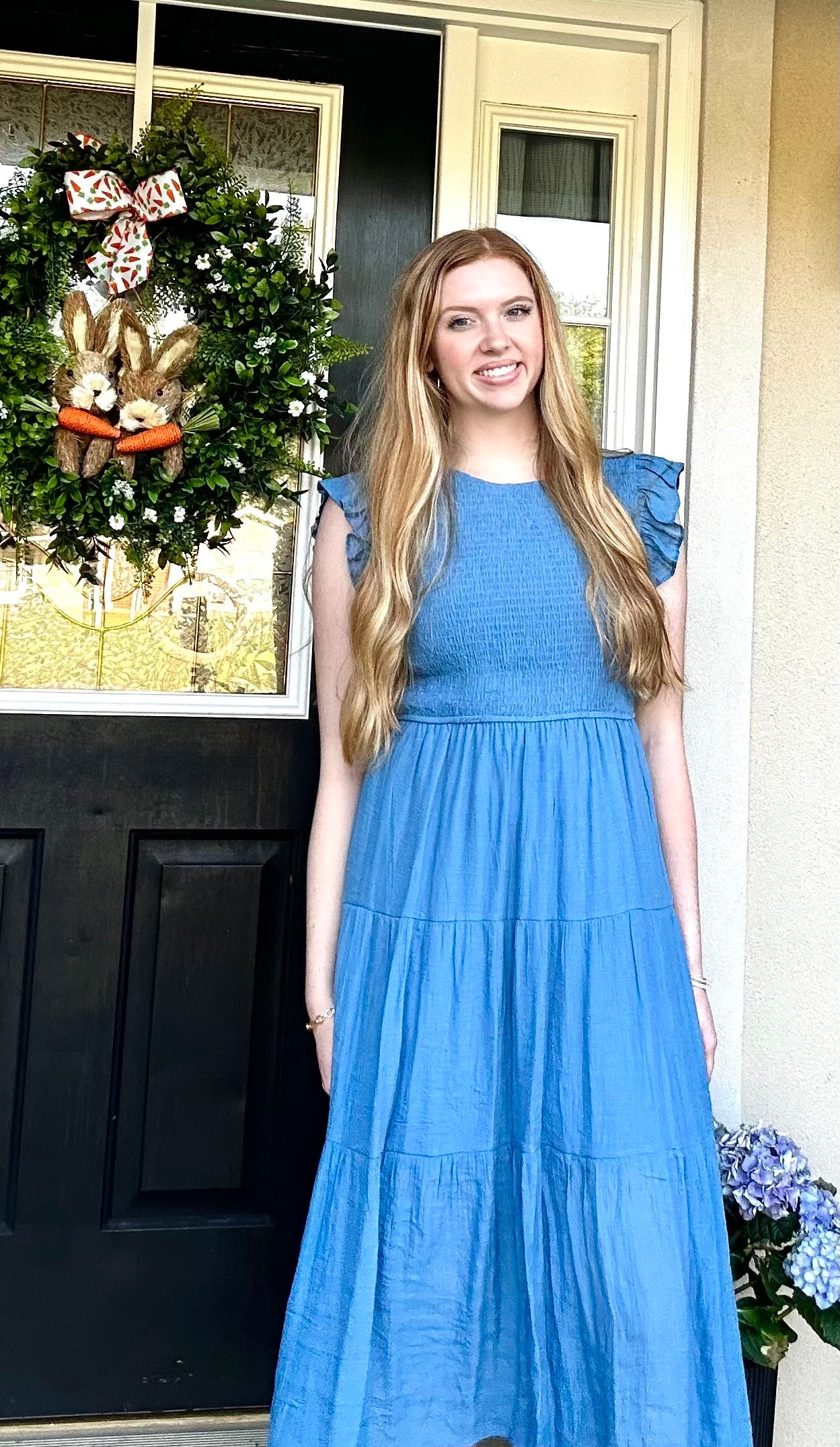 Woven Smocked Ruffle Sleeve Midi Dress Dusty Blue