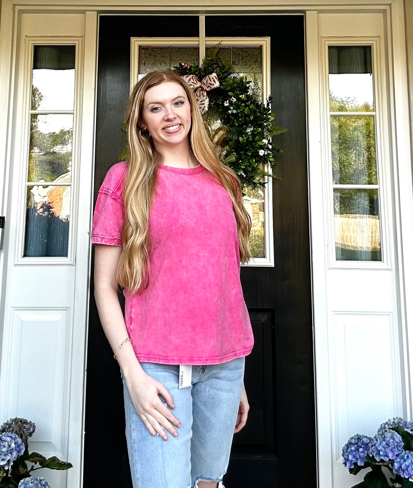 Acid Washed Round Neck T-Shirt Pink