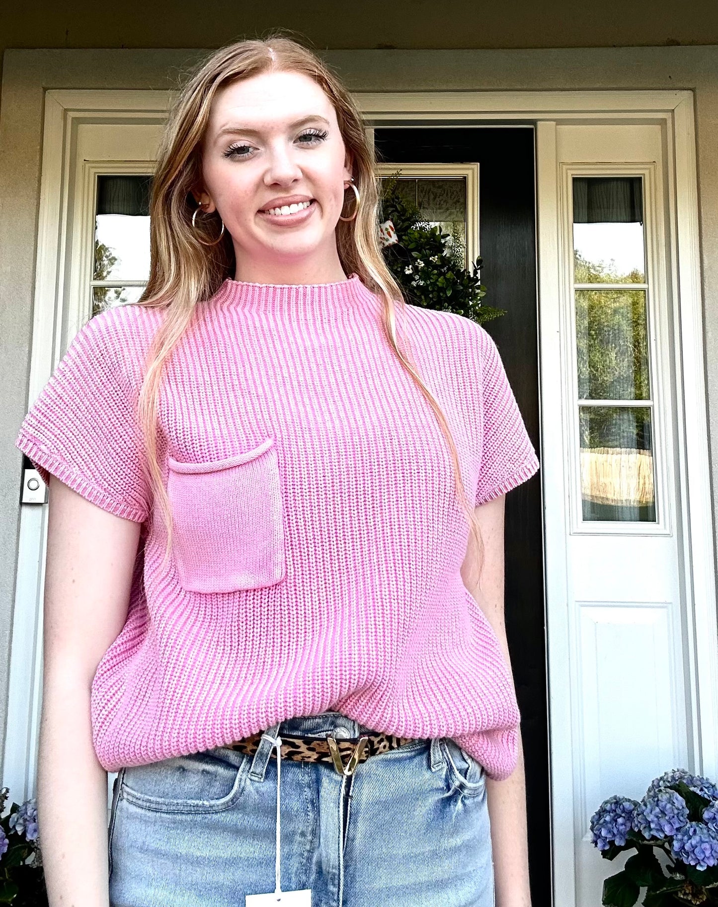 Washed Mock Neck Short Sleeve Sweater Candy Pink