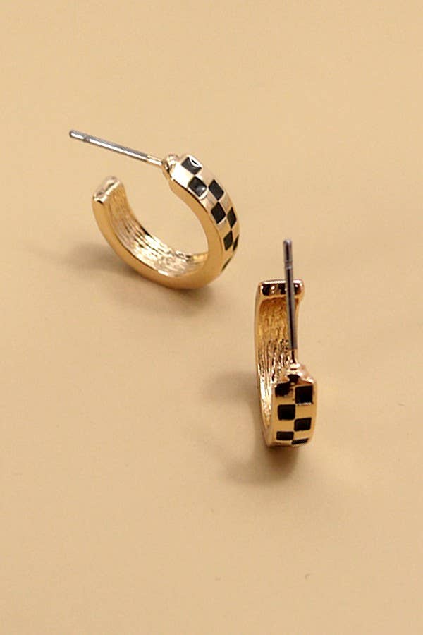 MINI CHECKER HOOP HUGGIE EARRINGS | Gold/black