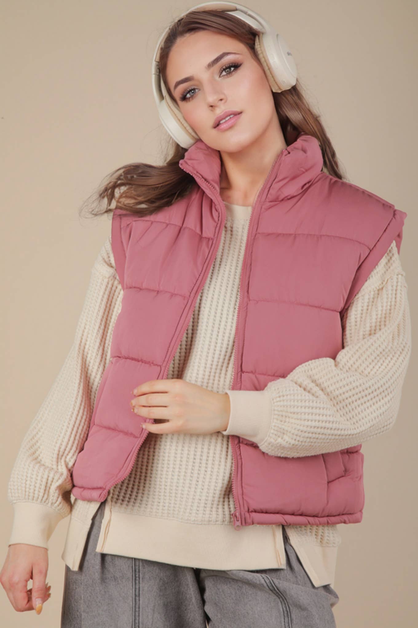 High Neck Casual Comfy Puffer Vest – Mauve