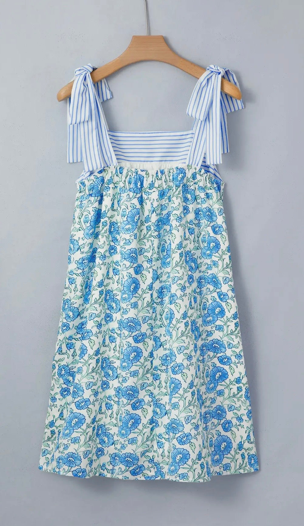Floral Print Striped Patchwork Bow Knot Straps Dress - WITH POCKETS