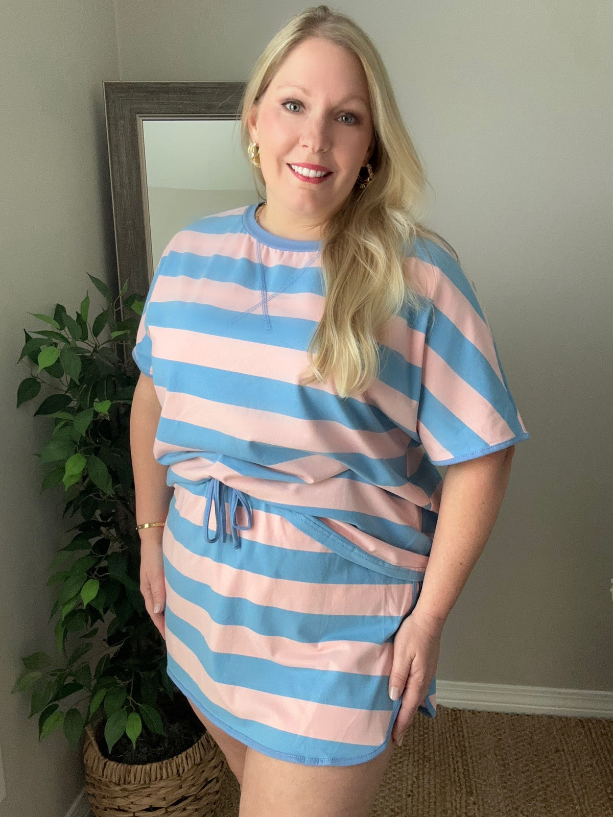 Striped Print Tee & Skort 2pcs Set