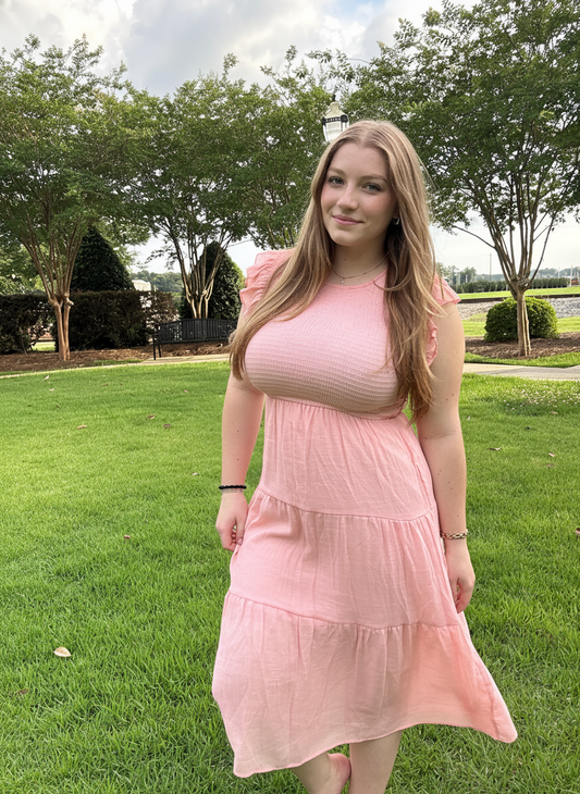 Woven Smocked Ruffle Sleeve Midi Dress Pink