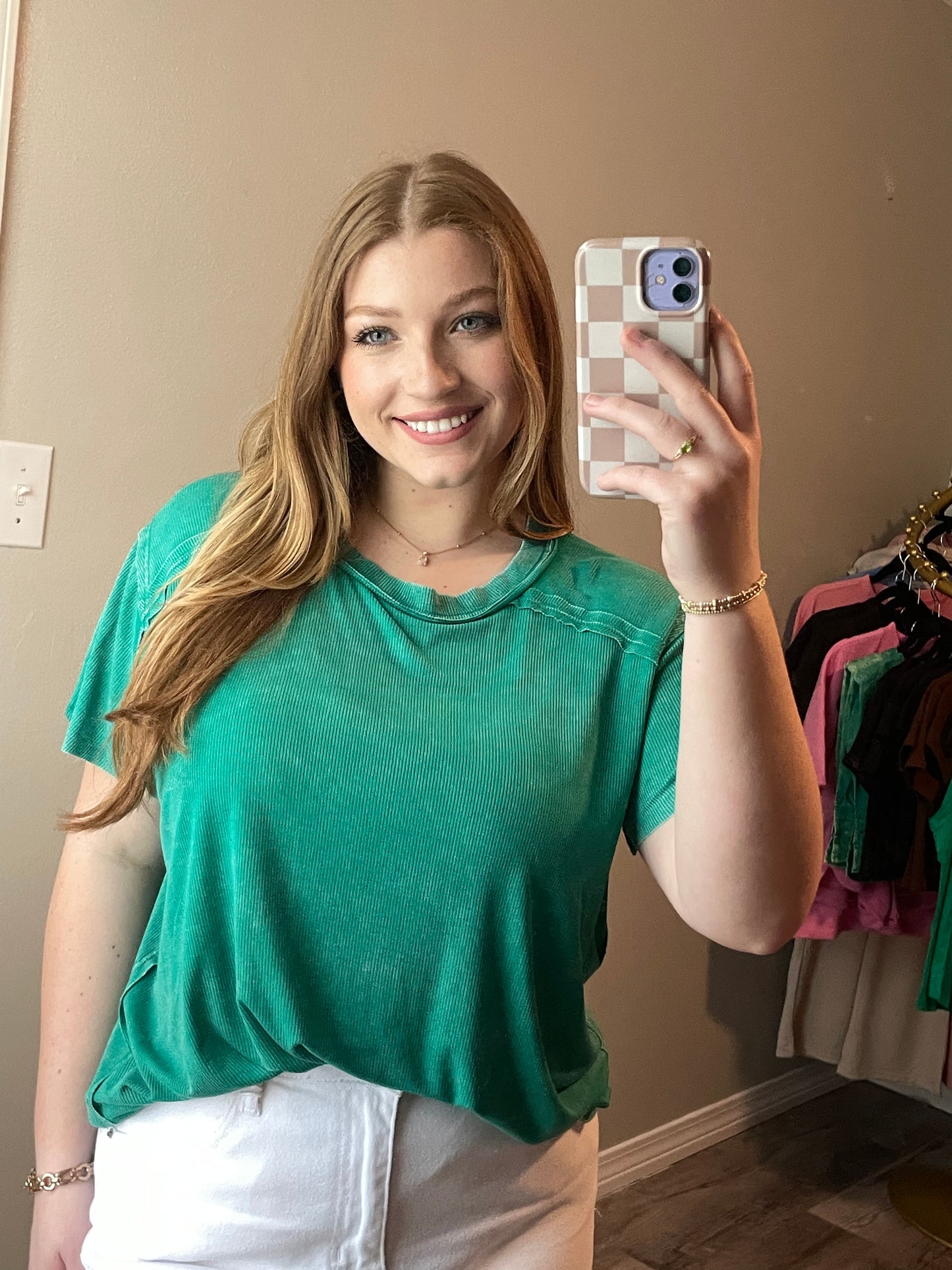 Washed Ribbed Short Sleeve Boat Neck Top Green