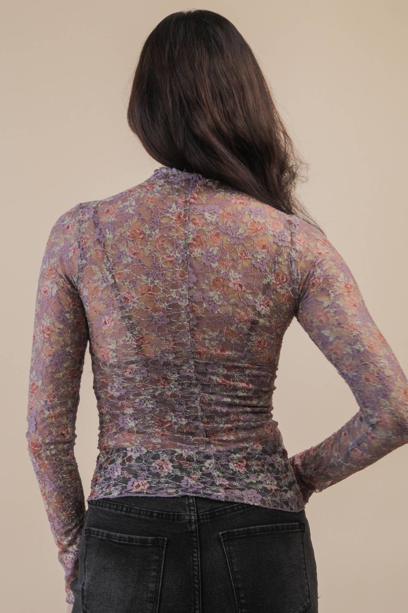 High Neck Fitted Sheer Mesh Lace Knit Top – Mauve Floral