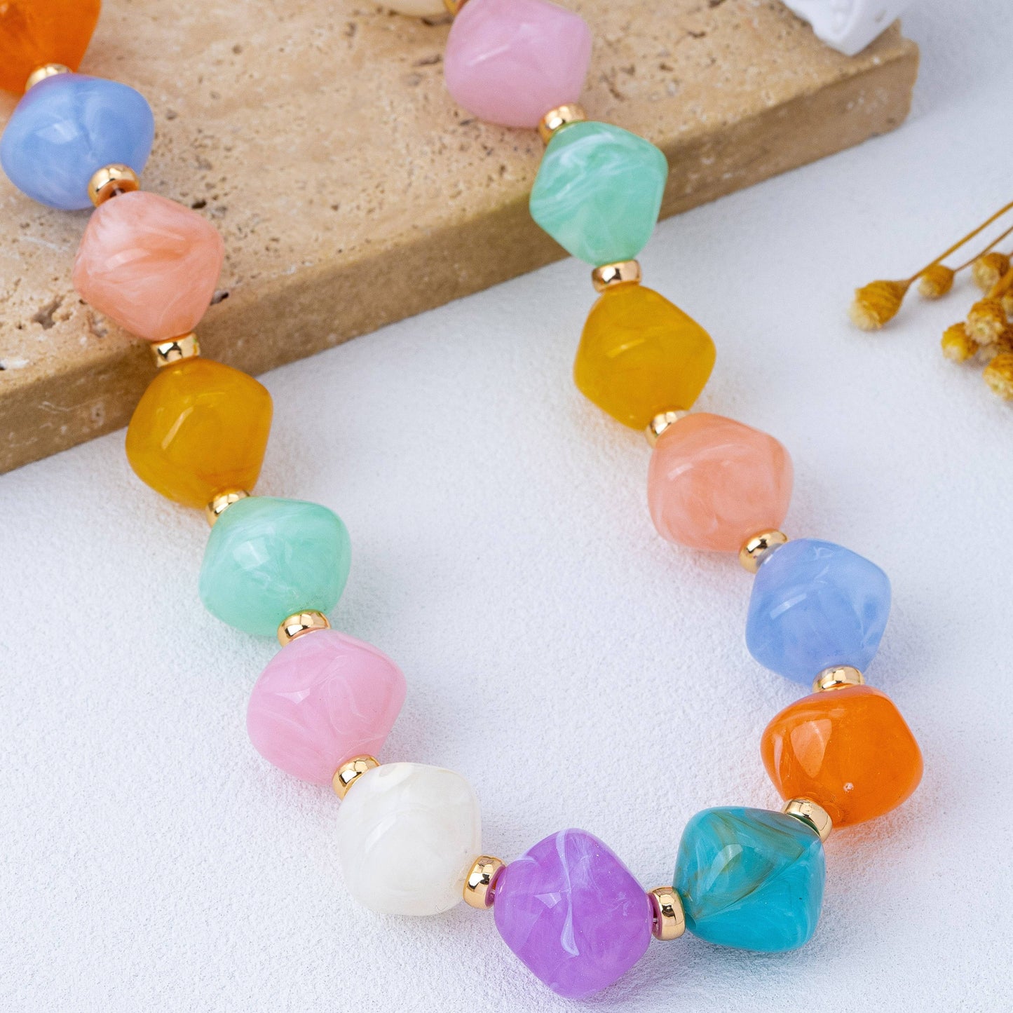Multicolor Oversized Faceted Pastel Bead Necklace |