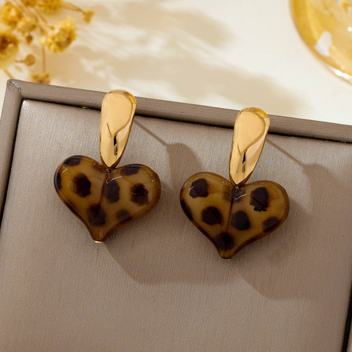 Animal Leopard Resin Heart Drop Earrings | GOLD