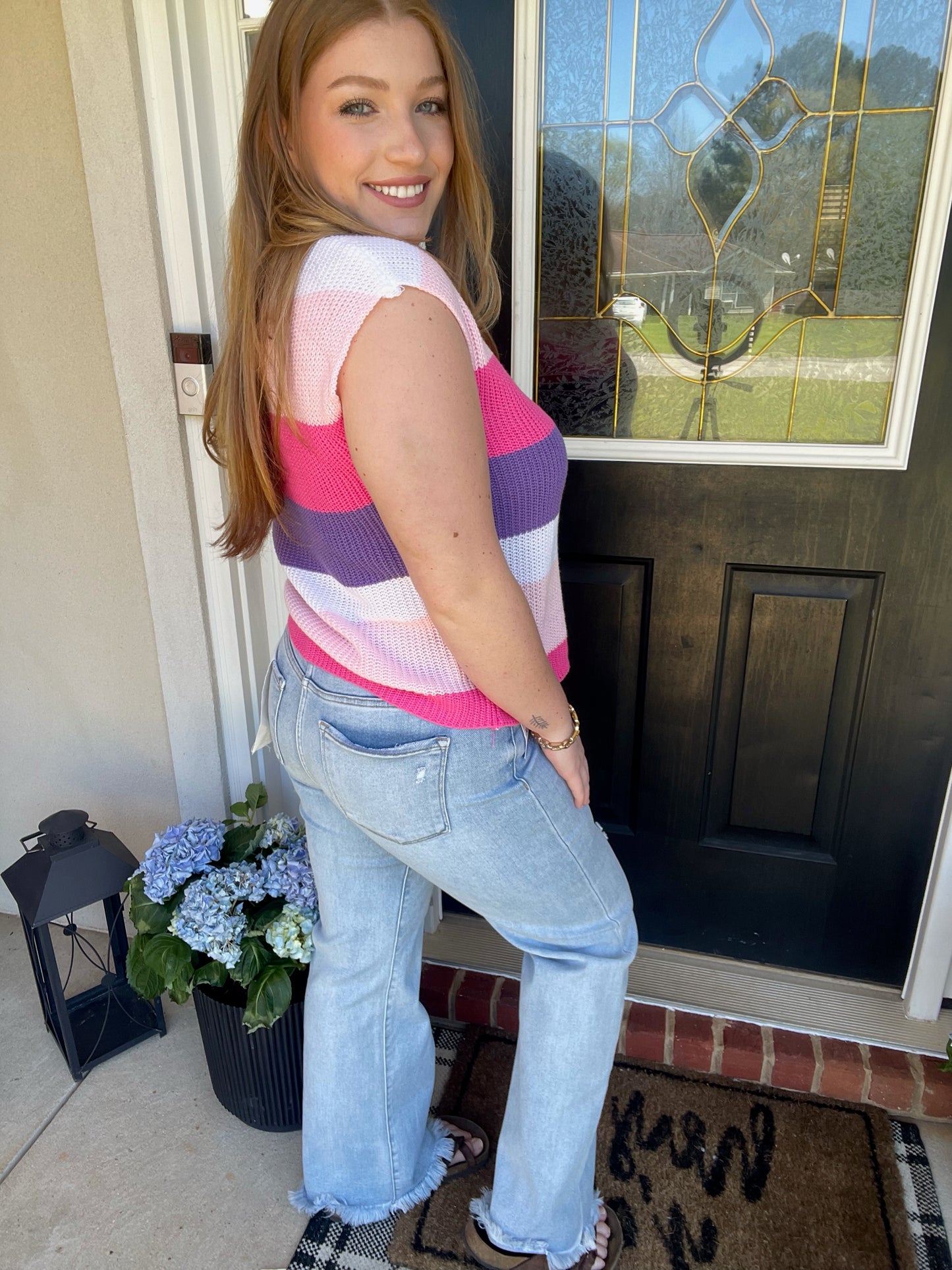 Colorblock Striped Knit Top Casual V Neck Short Sleeve Sweater