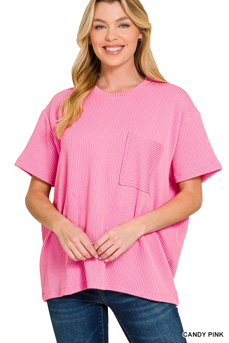 Raised Rib Short Sleeve Front Pocket Top Candy Pink